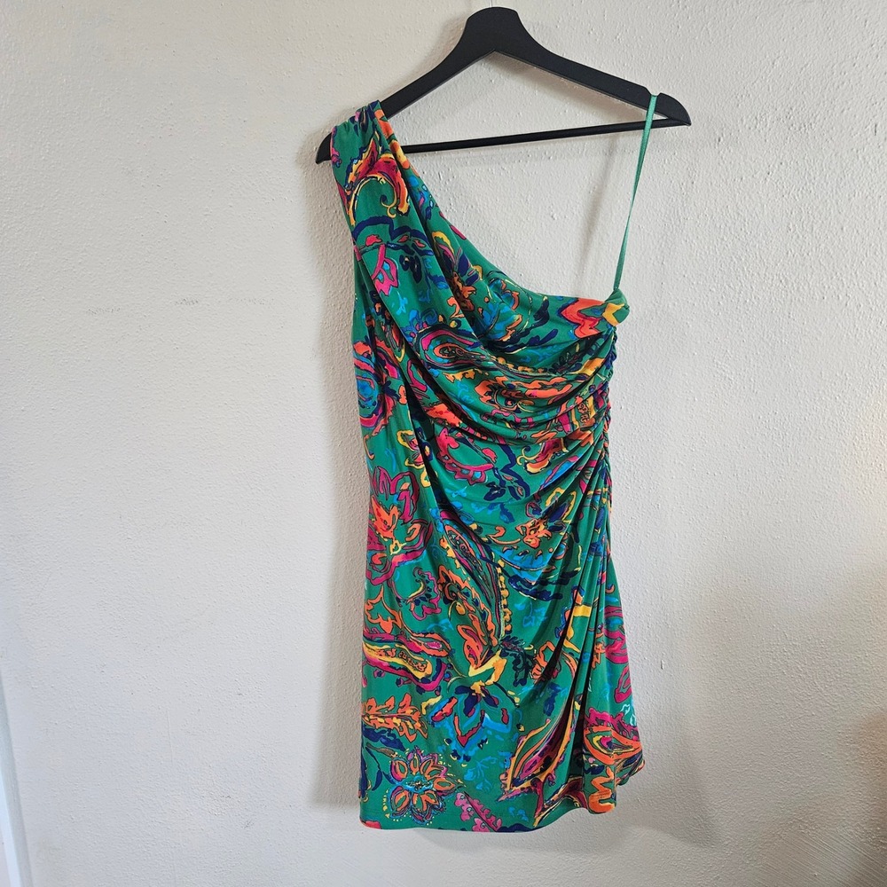 Lauren Ralph Lauren Paisley One Shoulder Ruched Dress Green Tropical Size 14